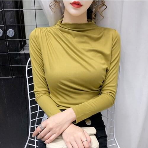 Cotton Skinny Women T-shirt Spring Autumn Shirring Long Sleeve Womens Tshirt Solid Korean Fashion Slim Camisetas De Mujer 2021