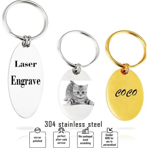 Customized Stainless Steel Oval Keychains Personalized Gold Color Dog Cat Tag Key Chains Engraved Words Photo Promotional Gifts