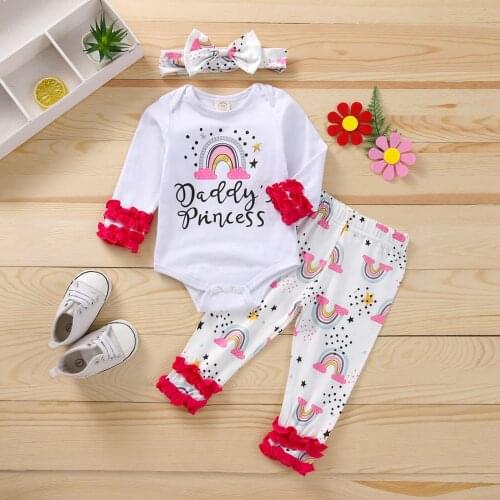0-12 M Baby Girls Clothes Spring Autumn Set Long Sleeve O-neck Rainbow Print Romper + Trousers + Bow-knot Headband