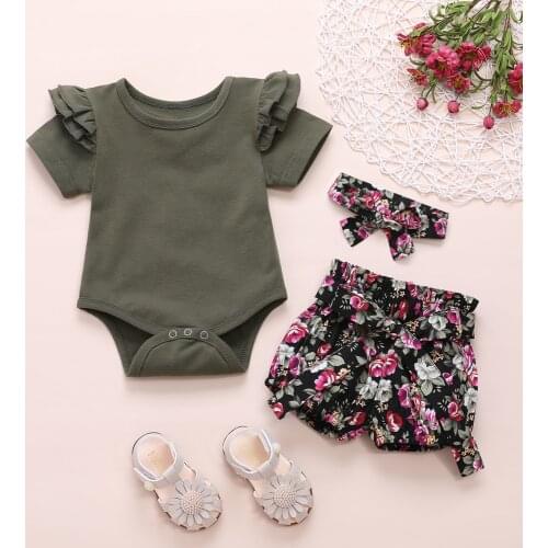 Citgeett Summer Infant Baby Girl Kids Gray Romper Bodysuit Tops Flower Shorts Pants Headband Clothes Casual Sets