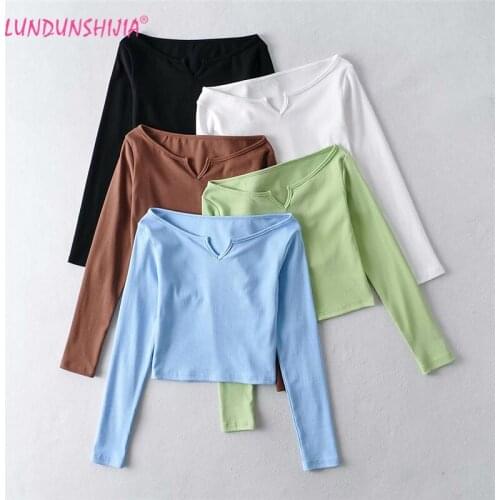LUNDUNSHIJIA 2021 New Spring Fashion Small V-neck Crop Tops For Women Sexy Female One Shoulder Long-Sleeve Solid T-shirts