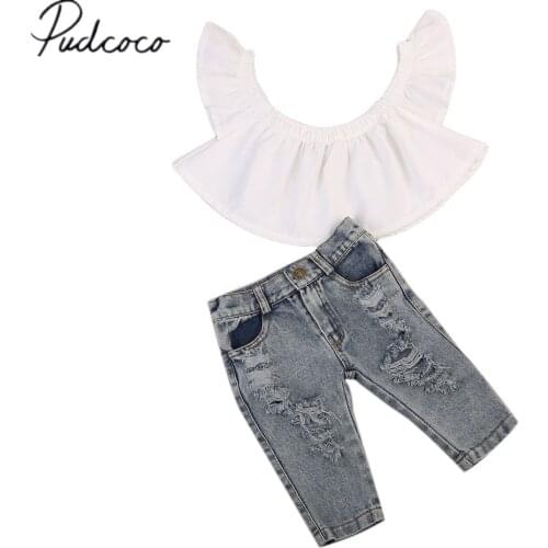 Citgeett Fashion Newborn Baby Girls Off Shoulder White Tops+Denim Pants 2pcs Outfits Clothes 0-4Y