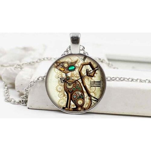 New Fashion Steampunk Cat Pendant Steampunk Clock Pendant Glass Necklace Jewelry