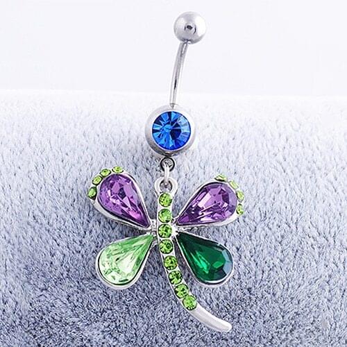 New Colorful Dragonfly Button Barbell Navel Belly Ring Dangle Body Piercing Jewelry BDU5