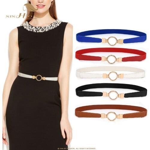SISHION Fashion Gold Ring Alloy Cummerbunds Thin Elastic Belt Women party Waistband QY0356 For Dress Skirt simple Red Cummebunds