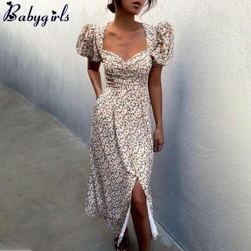 Puff Short Sleeve Women Summer Midi Dress 2021 Vintage V Neck White Floral Print French Style Sundress Sexy Slit Party Dresses