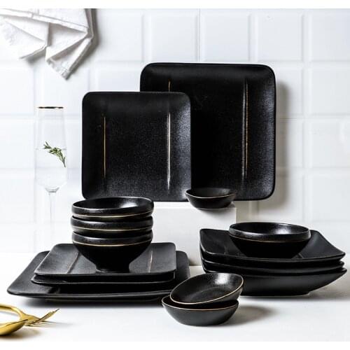 Luxury Style Matte Black Ceramic Kitchen Tableware Sets Western Steak Dinner Plates Sauce Dishes Rice Bowls With Gold Rim