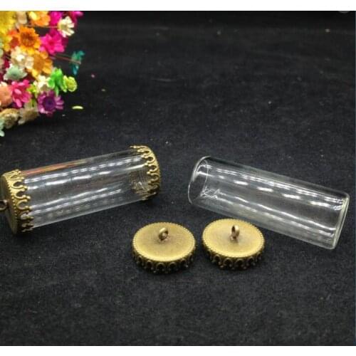 50sets/lot 40*15mm glass tube vial pendant locket mouth opening empty glass globe bronze plated diy jewelry necklace container