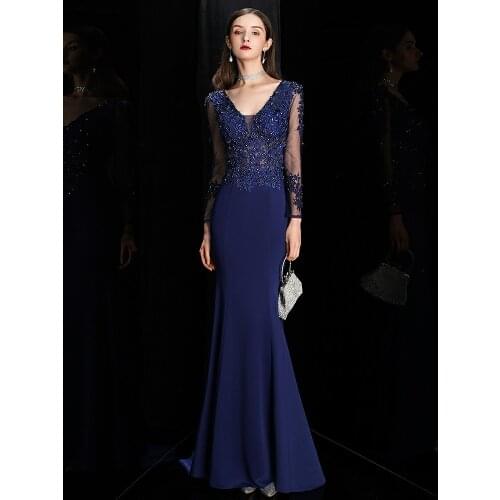 Navy Blue Prom Dress Mermaid V-Neck Satin Lace Appliques Beaded Sexy Wedding Party Celebration Evening Gowns Long Sleeves Formal