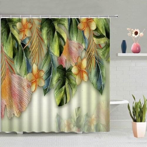 Green Leaves Shower Curtain SetsTropical Summer Jungle Watercolor Plants Bathroom Bathtub Decor Screen Washable Hanging Curtains