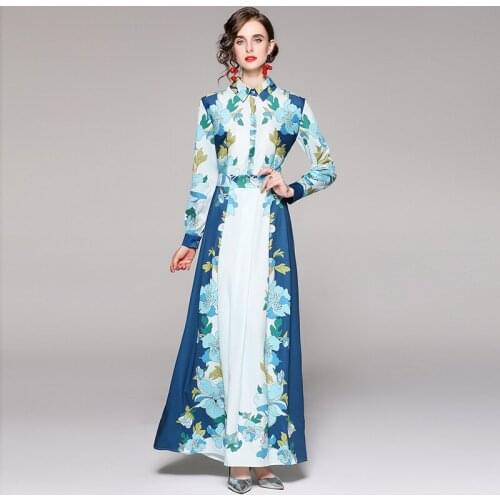 2021 High-End Flower Blue Vacation Maxi Dress Autumn Designer Female Turn Down Neck Long Sleeve Print A Line Long Dress