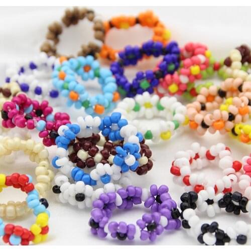 Cute Rainbow Colored Beaded Flower Ring Style Restoring Ancient Ways Sweet Girl Students Index Finger Ring Women Jewelry Gift