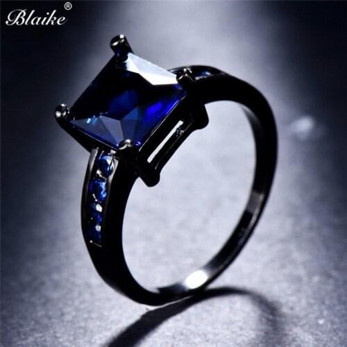 Blaike Blue Square Zircon Rings For Women Black Gold Filled Fashion Jewelry Engagemeng Ring Birthstone Chirthmas Halloween Gifts