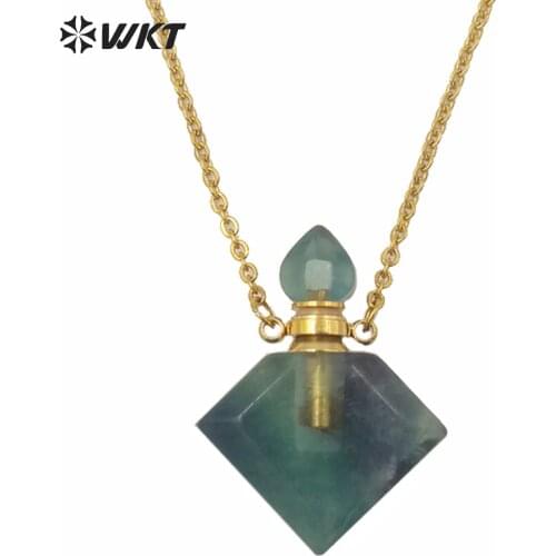 WT-N1191 Wholesale women square shape rainbow fluorite perfume bottle necklace fashion stone perfume bottle necklace