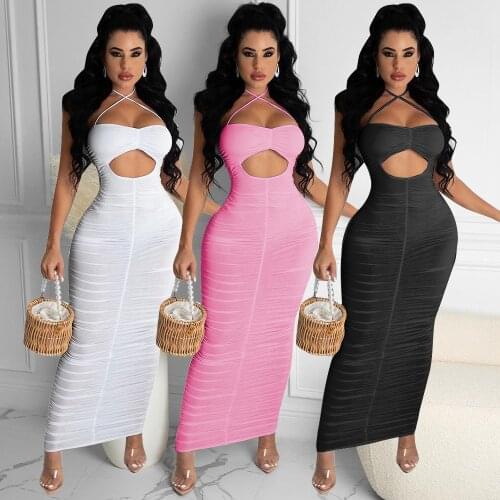 Echoine Pleated Stacked Cross Strap Halter Long Maxi Dress Women Elegant White Hole Hollow Out Party Night Club Vintage Vestido