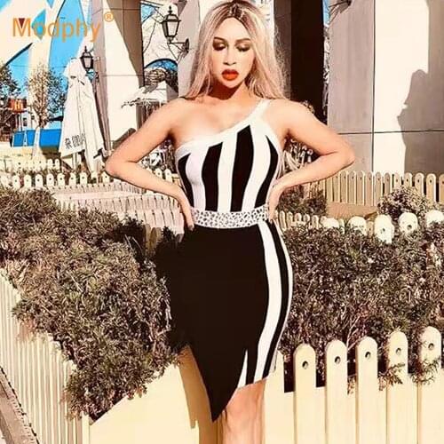 Free Shipping 2021 Summer New Irregular Bandage Dress Sexy One-Shoulder Beaded Bodycon Club Celebrity Evening Party Dresses