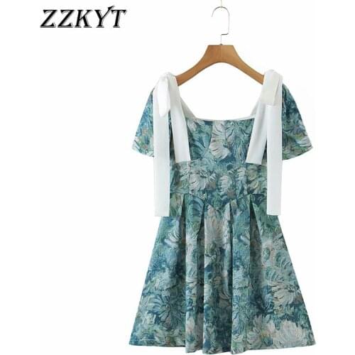 ZZKYT 2021 Women Summer Fashion Floral Print Bow Tie Mini Dress Elegant Square Collar Short Sleeve Female Party Dresses Vestidos