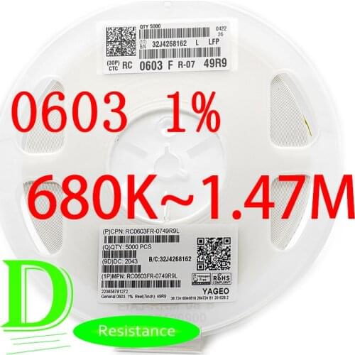 100PCS SMD Resistor RC Series 0603 1% Original RC0603FR-07 Series 680K-1.47M All resistors 680K 750K 820K 910K 1M 1.1M 1.2M 1.3M