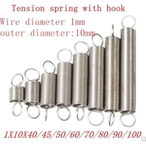 2Pcs Wire Dia 1.0mm 304 Stainless Steel Dual Hook Small Tension Spring Hardware Accessories Outer Dia 10mm Length 40-100mm