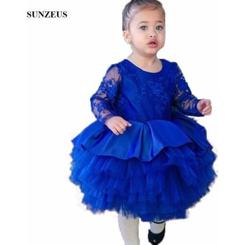 Ball Gown Lace Long Sleeve Children Dress For Party Knee Length Tiered Tulle Ruffles Kid Birthday Gown Flower Girl Dress FLG023
