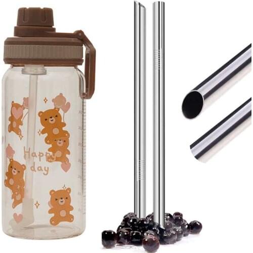 Boba Tea Cups Cute Bear Straw Glass Mugs Coffee CupStudent Scale Transparent Milk Cup Water Cup Girls Heart Glass Mug