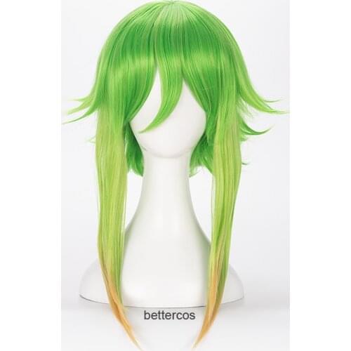 Vocaloid Megpoid Gumi Cosplay Wig 45cm Green Golden Ombre Short Layered Fluffy Heat Resistant Synthetic Hair Wig + Wig Cap