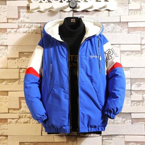 Hooded Mens Parka Jacket Winter Thick Warm Fashion Loose Patchwork Printing Cotton-padded Clothes Streetwear Classic Coats