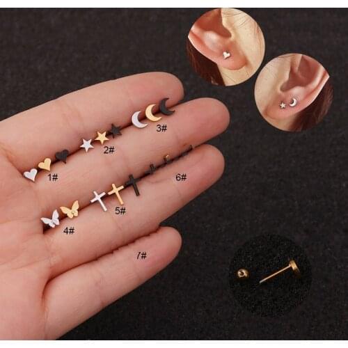 1PC Heart Star Moon Cross Butterfly Gold Black Cz Stud Helix Piercing Cartilage Earring Conch Rook Tragus Ear Piercing Jewelry