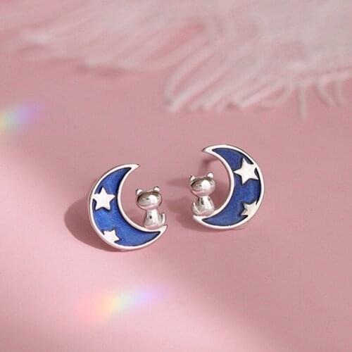 Stud Earrings Blue Moon Cat For Women Simple Cute Punk Korean Fashion New Hot Sale Girl Student Friendship Gift Jewelry BOYULIGE
