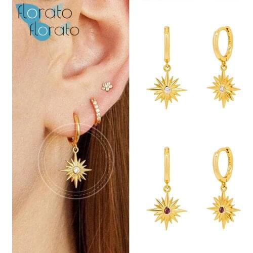 925 Silver Ear Buckle Star Drop Hoop Earrings for Women Gold Color White Rose Red Blue Purple Crystal Earrings Fashion Jewelry