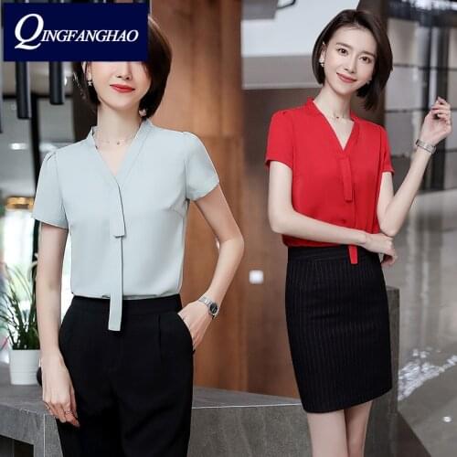 Chiffon shirt womens Korean version 2021 summer wear new fashion top professional set workwear short-sleeved V-neck shirt 8909
