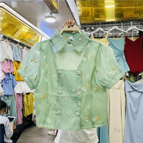 Retro Puff Sleeve Crop Top Women Heavy Embroidery Double Breasted Hollow-out Short Chiffon Blouse Lady Slim Tops