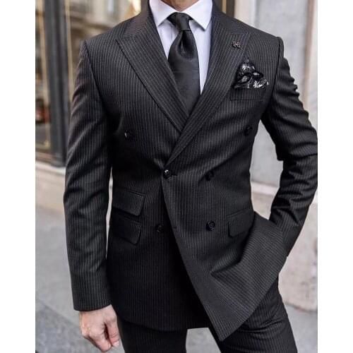 Spring Black British Style Pinstripe Tuxedos Slim Fit Double Breasted Waistcoat With Trousers 2 Pieces Mens Suits For Wedding