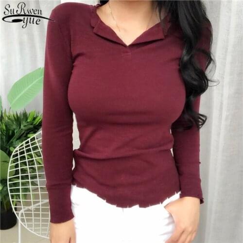 2021 Korean Clothes Long Sleeve Womens T-shirts Autumn and Spring New Cotton Solid Color Classic Slim-Fit V-neck T-shirt 10709