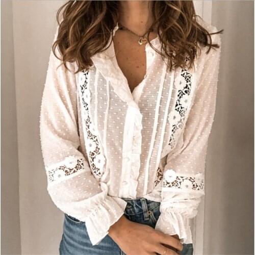 Women Lace Blouse Boho Blouses 2020 Ruffles Shirt Spring Autumn Sexy V Neck Flare Long Sleeve Fashion Hollow Out Casual Tops