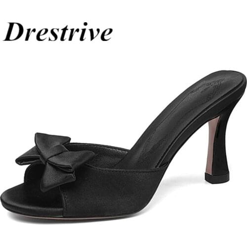 Drestrive Women Sandals Satin Thin High Heels 8 cm Butterfly-Knot Big Size 33-45 Female Summer Shoes Dress Open Toe Black