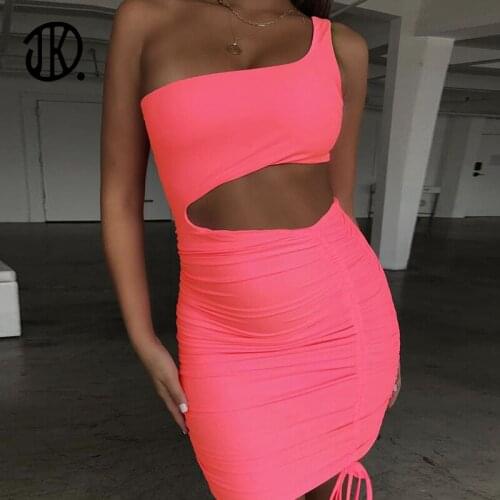 Vacation Ladies Summer Sexy Hollow Out Dresses Club Lace Drawstring Sleeveless Mini Dress Bodycon One Shoulder Holiday Vestidos