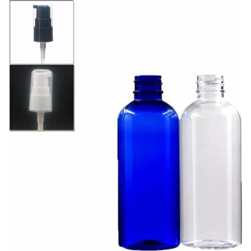 100ml empty blue/clear plastic pet bottle with black/white treatment pumps X 5