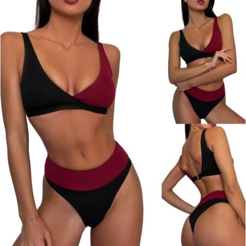 2 Pcs Women Color Block Bathing Suits Adults Sexy Ribbed V-neck Bikini Tops + Bottoms