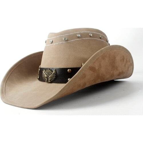 2019 Womens Mens Winter Leather Wide Brim Cowboy Western Cowgirl Fedora Hat With Two Guns Leather Band