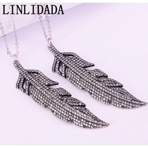 4Pcs Feather Pendants Necklaces, Fashion Crystal Zirconia Vintage Leaves Jewelry