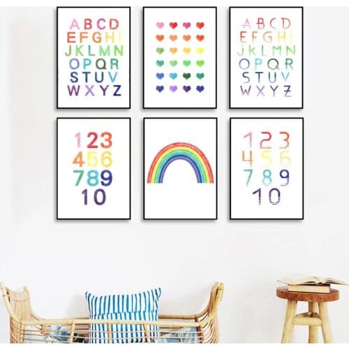 Abstract Rainbow Wall Art Poster ABC Alphabet Arabic Numerals Art Print Love Read Quotes Canvas Painting Baby Kids Room Decor