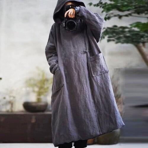 Johnature Women Linen Solid Color Trench Vintage Coats Pockets Hooded 2021 Autumn New Long Sleeve Casual Women Padding Coats