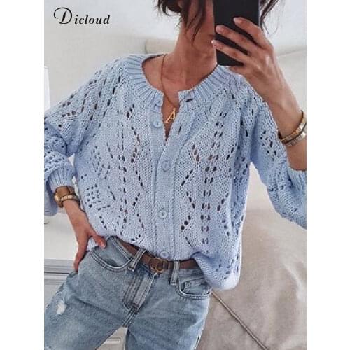 DICLOUD Blue Hollow Out Womens Cardigans Autumn Winter Round Neck Button Up Knitted Sweaters Ladies Fashion Knitwear