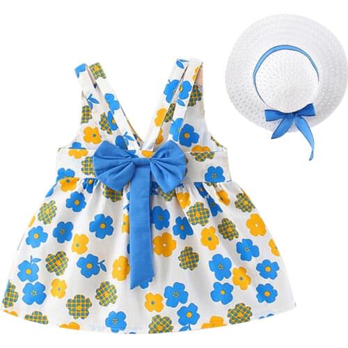 2Piece Summer Korean Beach Princess Dress Newborn Baby Girls Clothes Cute Sleevless Cotton Flower Toddler Dresses+Sunhat BC2046