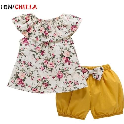 Baby Girls Clothes Set Floral Decoration Top With Bow Knot Shorts Summer Newborns O Neck Cotton Outfits Clothing Sets CL5204