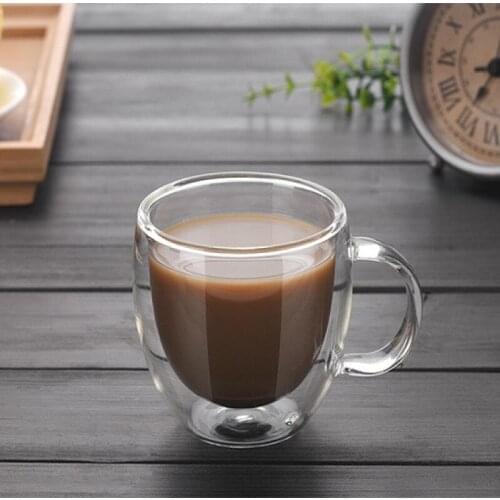 Creative transparent Double Wall Glass Coffee Tea Cups Heat Resistant Coffee Mugs with handle Transparent Lemon Mug Water Drink