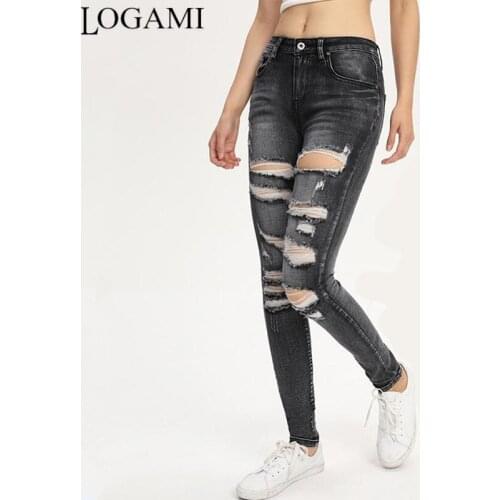 LOGAMI Low Waist Skinny Jeans Women Plus Size Black Ripped Jeans Woman Autumn Destroy Hole Denim Pants