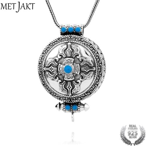 MetJakt Natural Turquoise Necklace Vintage 925 Sterling Silver Pendant and Snake Chain Mens Peace Pendant Religious Jewelry