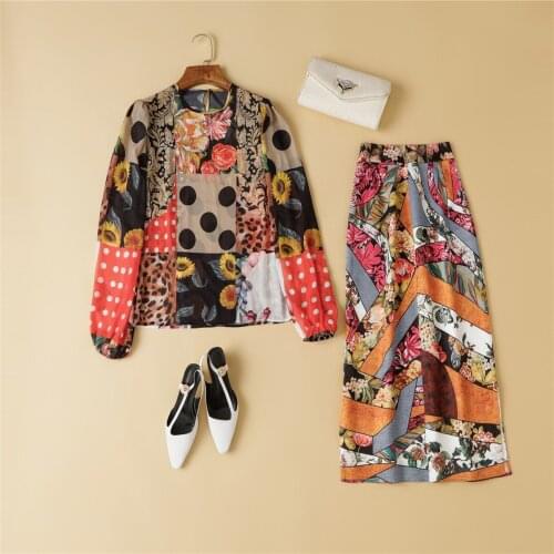 Fashion 2 pieces Runway Sets 2021 Spring New Ethnic Dots Flower Leopard Print Blouse+Midi Slim Splite Skirt Elegant Set